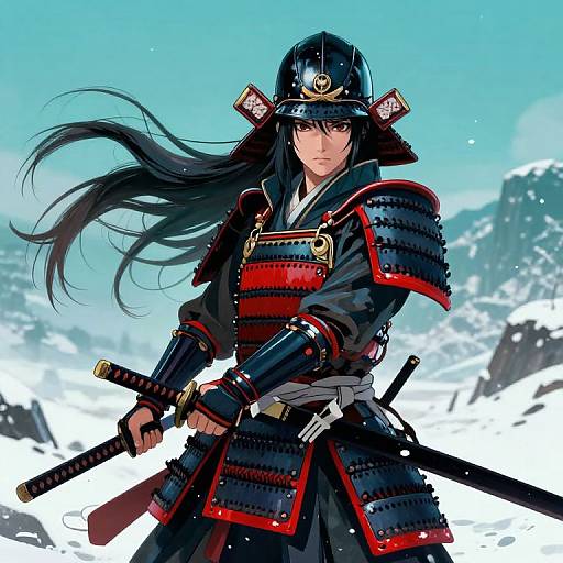 Digital anime-style illustration of a fierce samurai with long black hair, wearing red and black armor, holding a sword, against a snowy mountain backdrop.