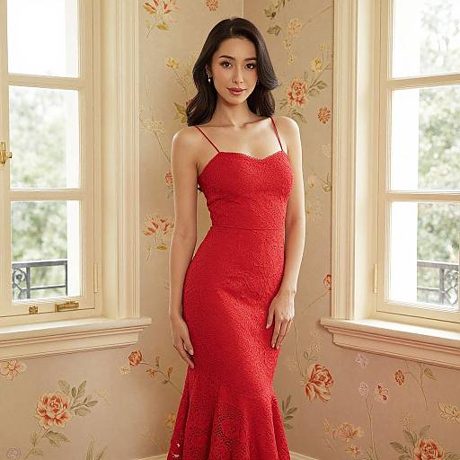 Elegant Woman in Red Lace Dress