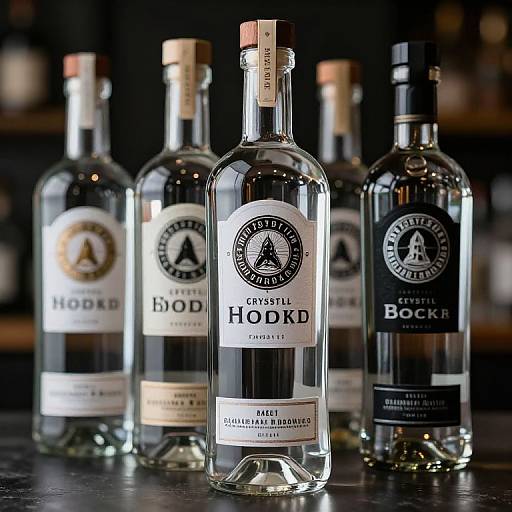 Photograph of five clear glass bottles of Christoffel Hock, each with distinct black and white labels, standing in a row on a dark wooden
