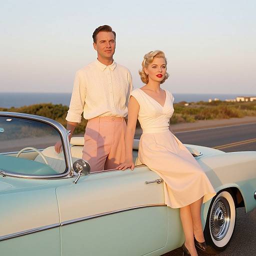 Photograph of a 1950s-style couple in white attire, standing and sitting on a mint-green convertible, with a coastal road and sunset in