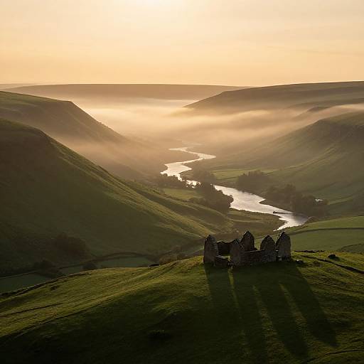 Photograph of a sunlit, misty valley with rolling green hills, a winding river, and ancient stone ruins in the foreground.