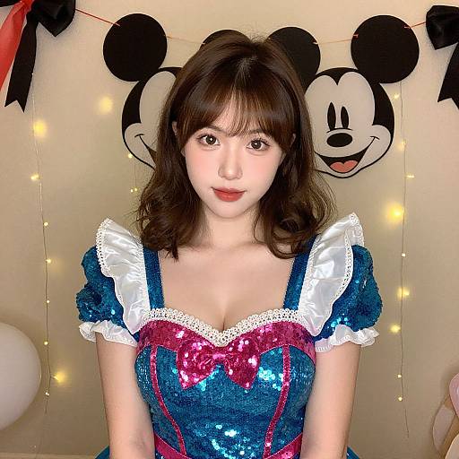 Photograph of an Asian woman with fair skin and brown hair, wearing a sparkly blue and pink Disney-inspired costume, standing in front of Mickey Mouse