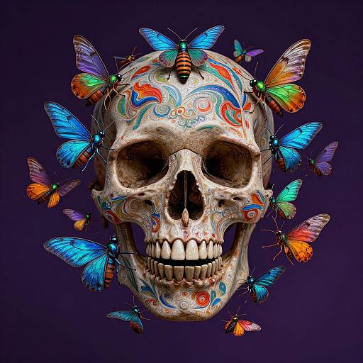 Digital art of a decorated skull with vibrant butterfly tattoos, surrounded by colorful butterflies on a dark purple background.