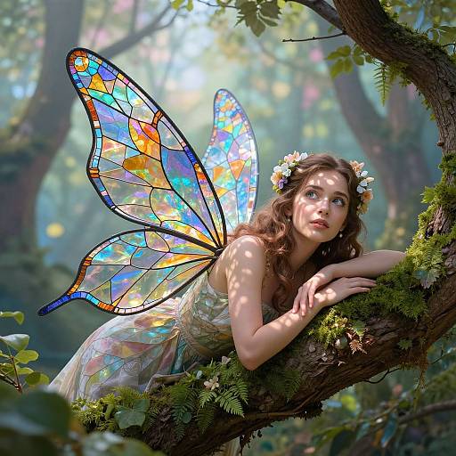 Digital fantasy artwork of a fairytale fairy with colorful stained glass wings, brown wavy hair, flower crown, and green dress, resting on a
