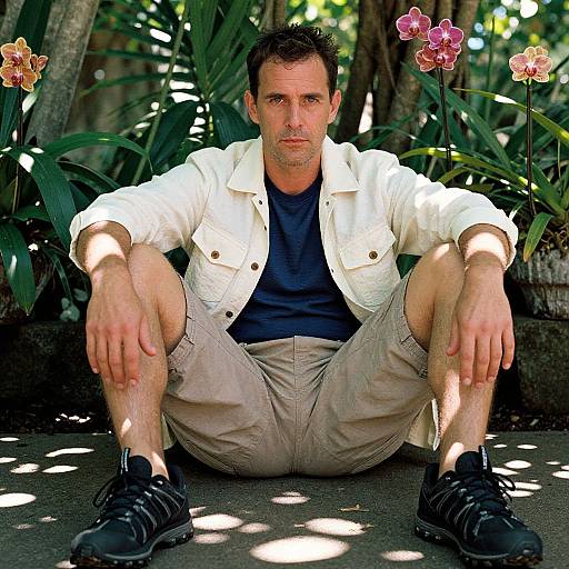 Photograph of a serious, middle-aged man in a white jacket, navy shirt, beige shorts, and black sneakers, sitting between pink orchids,