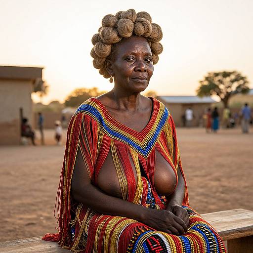 Photograph of an elderly African woman with dark skin, wearing a colorful, beaded traditional dress with exposed large breasts, standing outdoors at sunset.