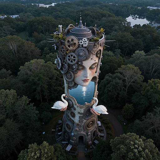 Aerial photograph of a steampunk-inspired, mechanical head floating above a dense, dark green forest, reflecting in a mirrored surface below.