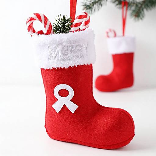 Photograph of two red Christmas stockings with white fur trim, one with a white awareness ribbon, topped with candy canes and pine.