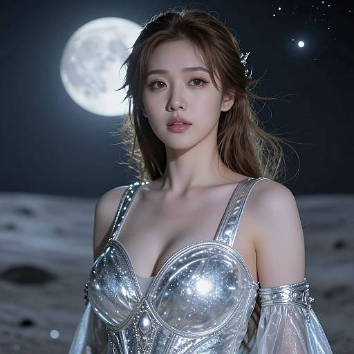 Photograph of a beautiful East Asian woman with long brown hair, wearing a shiny, silver, off-shoulder, moonlit dress, standing on
