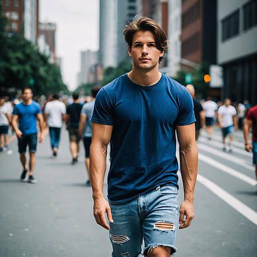 Young Man in Denim Shorts Walking on City Street