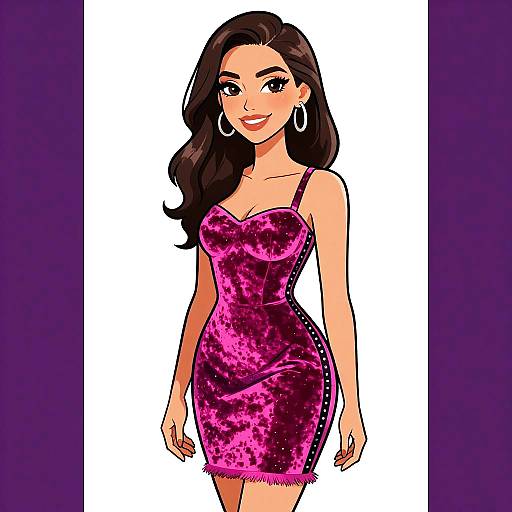 Digital illustration of a smiling woman with long brown hair, wearing a pink velvet, form-fitting dress with silver buttons, large hoop earrings, and standing