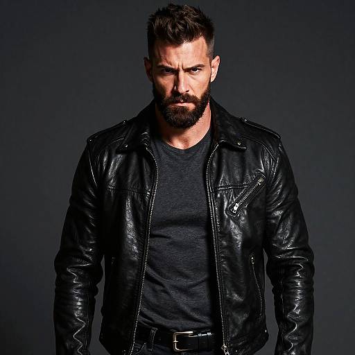 Photograph of a muscular, bearded man with short dark hair, wearing a black leather jacket over a black shirt, against a dark gray background,