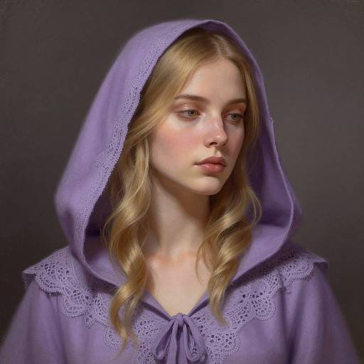 Photorealistic portrait of a young blonde woman with fair skin, wearing a purple lace-trimmed hooded cloak, against a dark background.