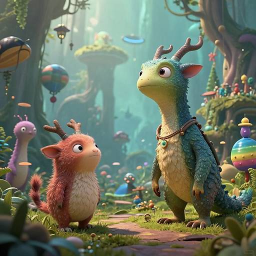 CGI fantasy forest scene with a fluffy pink-furred, horned creature and a blue-green, horned dragon-like creature, surrounded by colorful floating