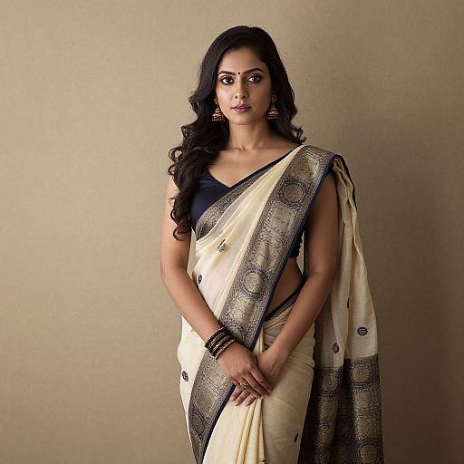 Photograph of a beautiful South Asian woman with long black hair, wearing a cream and black traditional sari, black sleeveless top, and black b