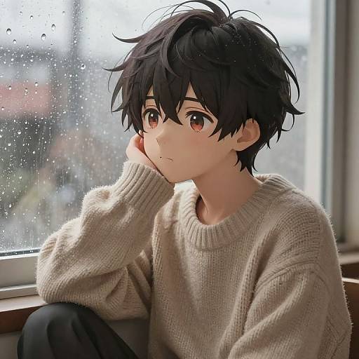 Anime-style digital illustration of a cute, young boy with messy black hair, brown eyes, and a beige sweater, sitting by a rainy window, g