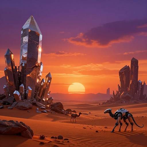 Digital art: Vibrant orange sunset over a desert with towering crystal structures, a futuristic dinosaur, and a small camel in the foreground.