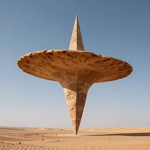 Photograph of a futuristic, cone-shaped structure with a wide, mushroom-like top, standing alone in a desert with clear blue sky.