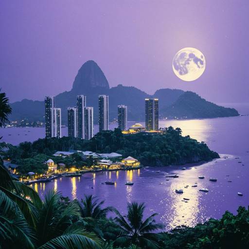 Futuristic City on Tropical Island under Silver Moon Futuristic City on Tropical Island under Silver Moon
