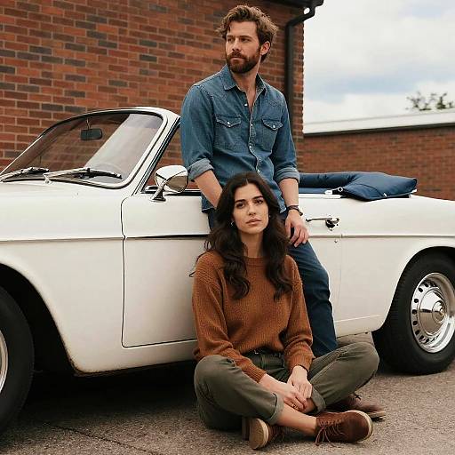 Photograph of a bearded man in a denim shirt standing behind a white convertible, with a woman in a brown sweater and green pants sitting cross-legged