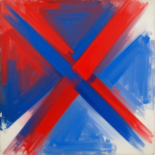 Abstract painting of the Scottish flag with bold, thick brushstrokes in red, blue, and white, creating a dynamic, textured effect.