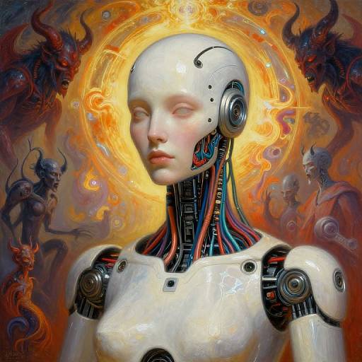 Digital artwork of a sleek, white, humanoid robot with glowing orange halo, surrounded by fiery, dark, mythical creatures in an ethereal background.