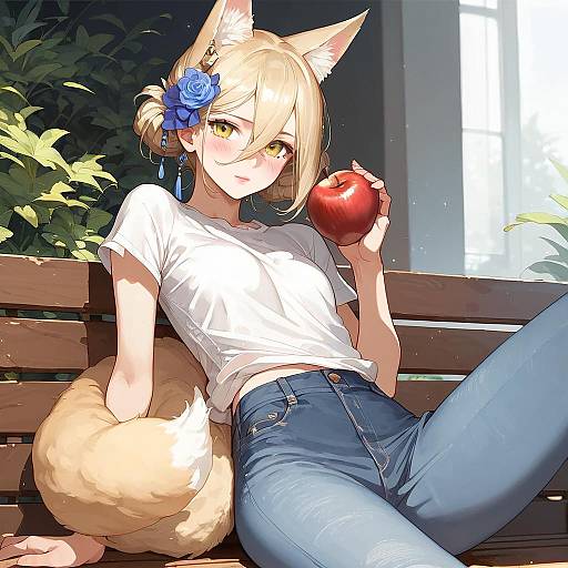 Anime-style digital illustration of a blonde, fox-eared girl with blue rose hair accessory, white t-shirt, blue jeans, holding a red apple,