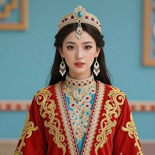 Digital artwork of an Asian woman in regal attire, wearing a gold and turquoise embroidered red robe, intricate headpiece, and dangling earrings, against a
