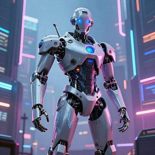 CGI futuristic robot with glowing blue and orange lights, standing in a neon-lit, cyberpunk cityscape. Metallic silver body with intricate circuitry