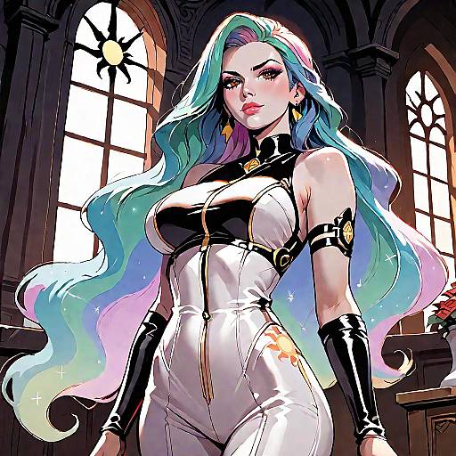 Digital drawing of a confident, fair-skinned woman with long, gradient pastel hair in a white, black, and gold latex bodysuit,