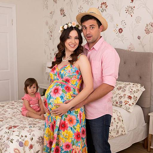 Tender Family Embrace in Floral Bedroom