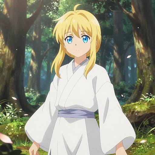 Digital anime-style drawing of a blonde girl with blue eyes, wearing a white kimono, standing in a sunlit forest with falling petals.