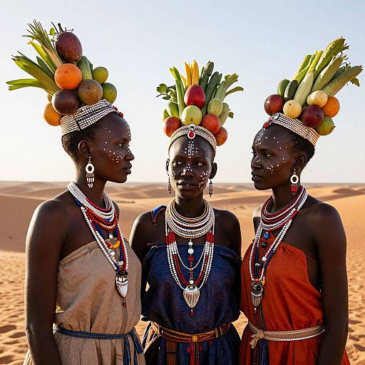 Photograph of three African women with dark skin, adorned in beaded necklaces and headpieces of colorful fruits and vegetables, standing in a sunny desert