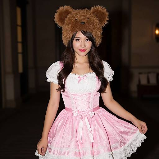 Photograph of an Asian woman with long black hair, wearing a pink lace dress, white puffed sleeves, and a brown bear hat, smiling against
