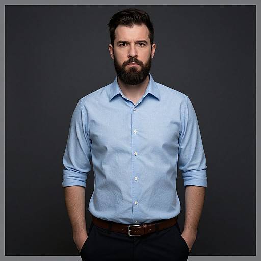 Photograph of a bearded, dark-haired man with a serious expression, wearing a light blue button-up shirt and black pants, against a dark gray