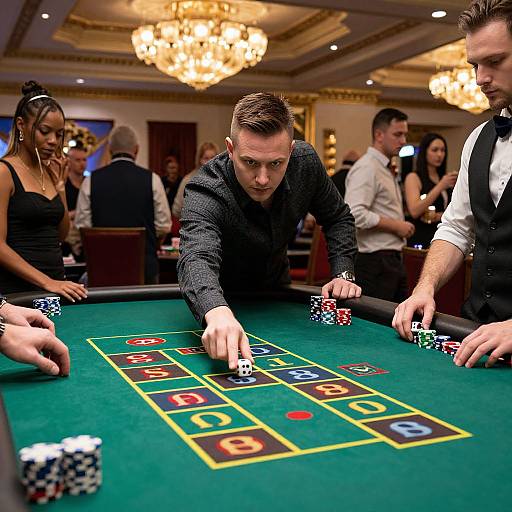 Photograph of intense poker game: focused male dealer in black shirt, surrounded by players in formal attire, under chandelier light.
