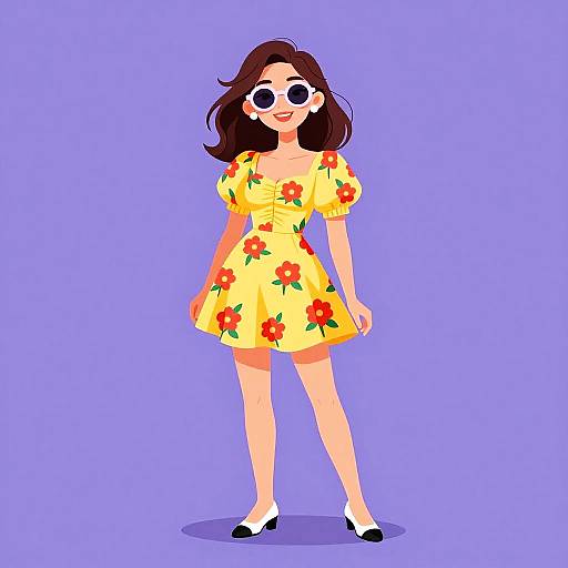 Digital illustration of a smiling woman with brown hair, wearing round sunglasses, a yellow floral dress, and black-and-white shoes, against a purple background.