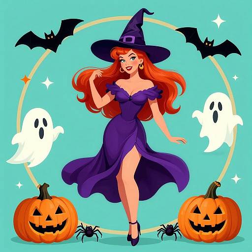 Digital illustration of a sexy red-haired witch in a purple dress and hat, surrounded by bats, ghosts, pumpkins, and spiders.