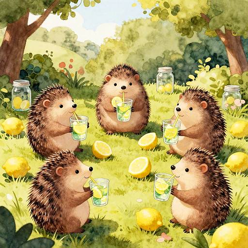 Whimsical Hedgehogs Making Lemonade