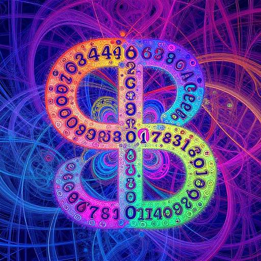 Digital artwork of a glowing, multicolored peace symbol filled with numbers, set against a dark blue background with swirling, neon lines.