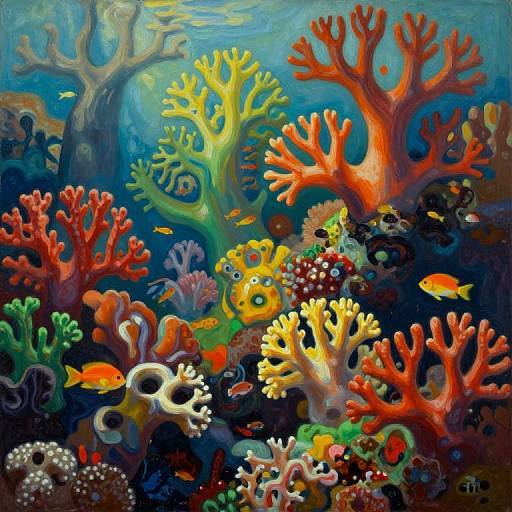 Vibrant underwater painting of colorful coral reefs, featuring red, yellow, green, and orange coral, with various fish and sea creatures. Bright,