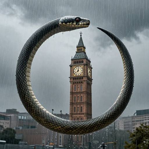 Photograph of a large, dark serpent coiled around Big Ben clock tower in London, with rain falling, under a cloudy sky.