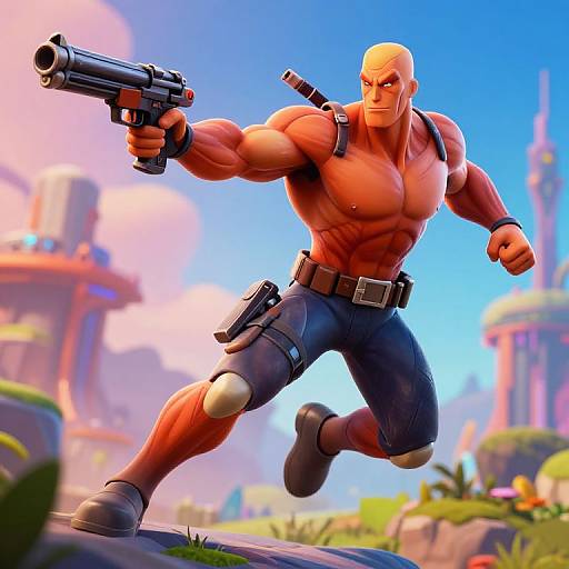 CGI image of a bald, muscular, shirtless man with tan skin, holding a black pistol, wearing blue pants and a belt, running in