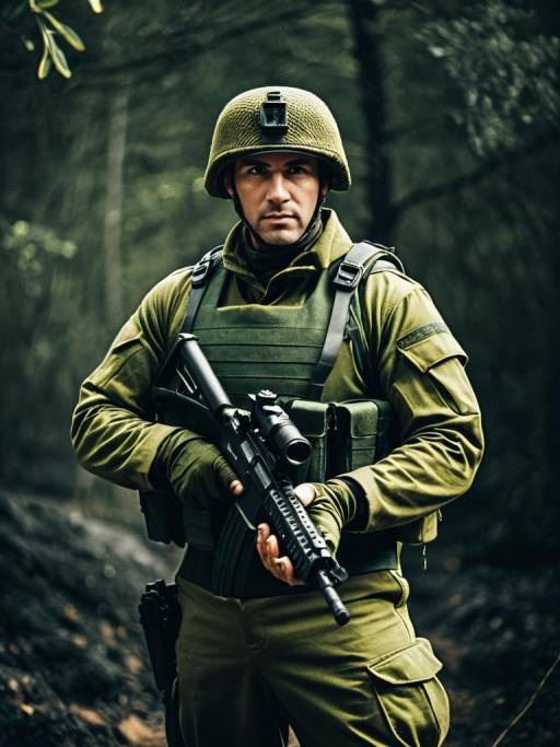 Man in Army-Inspired Olive Green Costume Holding Rifle