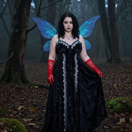 Photograph of a pale-skinned woman with black curly hair, wearing a black lace dress, red sparkly gloves, and blue glowing fairy wings,