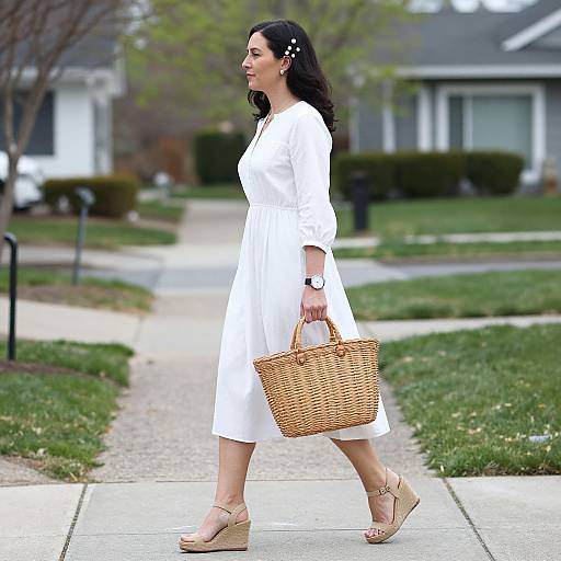 Photograph of a dark-haired woman in a white dress, holding a wicker basket, walking on a suburban sidewalk in sandals.