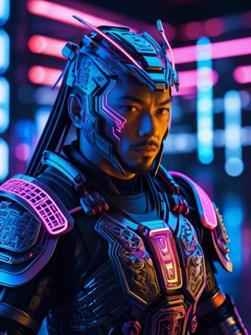 Ultra Realistic Cyborg Samurai in Neon