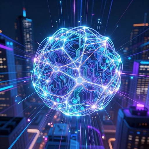 Neon blue, glowing, wireframe sphere with circuit patterns floats above a futuristic cityscape of illuminated skyscrapers at night. Digital art.