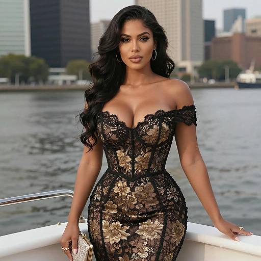 Elegant Woman on Boat with Cityscape