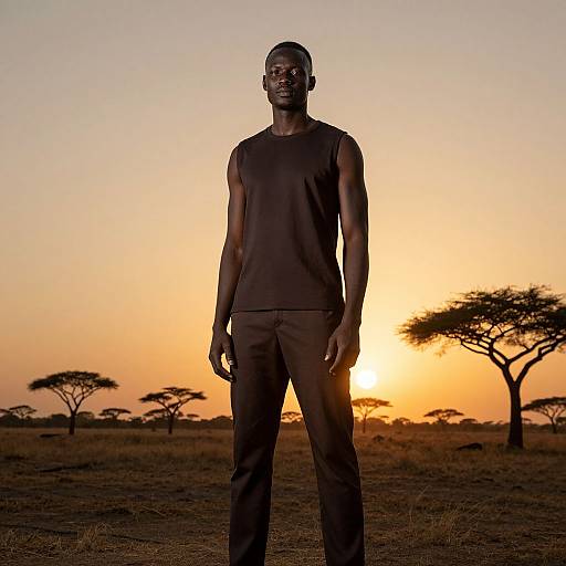 Photograph of a tall, muscular black man in a black sleeveless shirt and pants, standing silhouetted against a vibrant sunset in an African